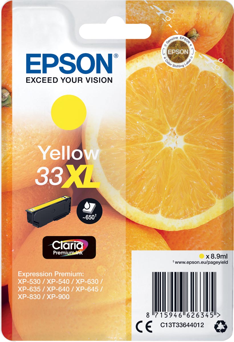 Epson inktcartridge 33XL, 650 pagina&apos;s, OEM C13T33644012, geel afbeelding
