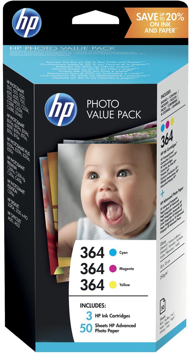 HP inktcartridge 364, 300 pagina's, OEM T9D88EE, 3 kleuren, inclusief 50 vel fotopapier, 250g/m², 10x15 c