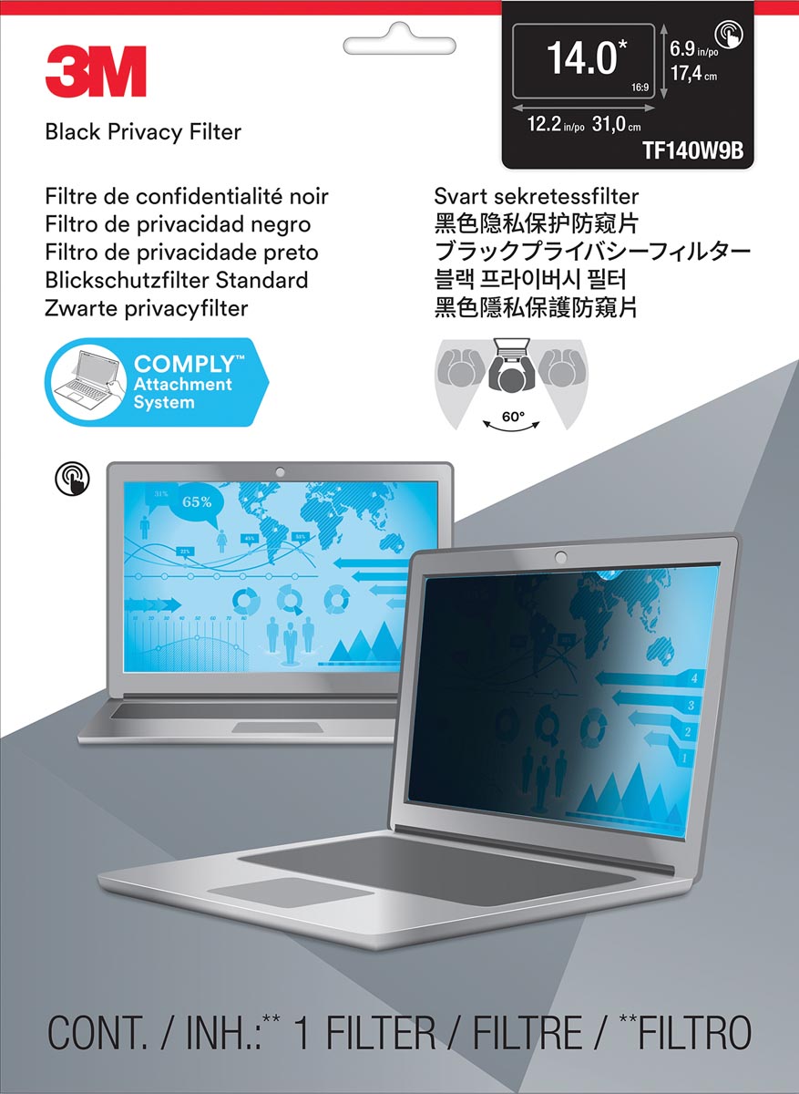 3M privacy filter voor touch breedbeeldscherm, 14 inch, zwart