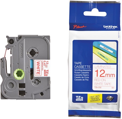 Brother TZe tape voor P-Touch 12 mm, rood op wit