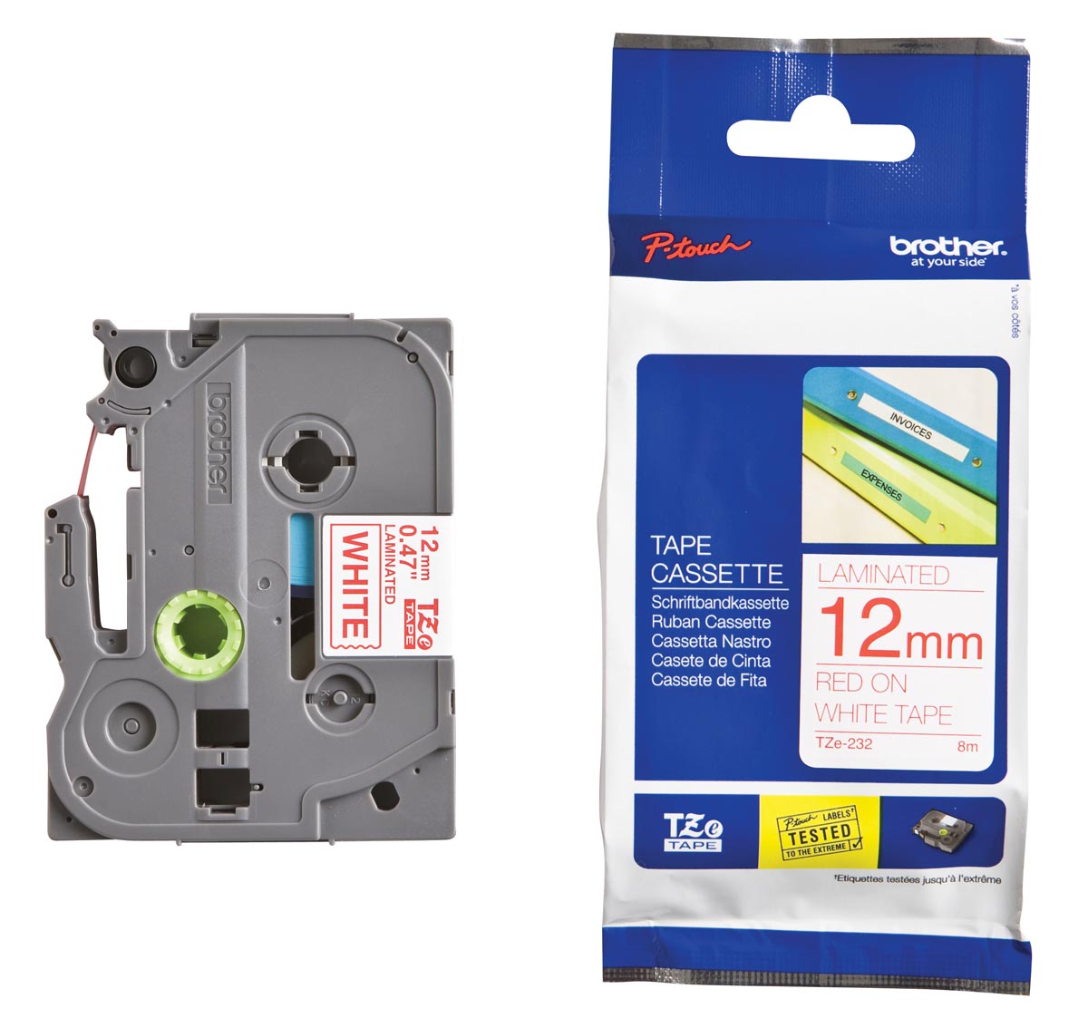 Brother TZe tape voor P-Touch 12 mm, rood op wit afbeelding