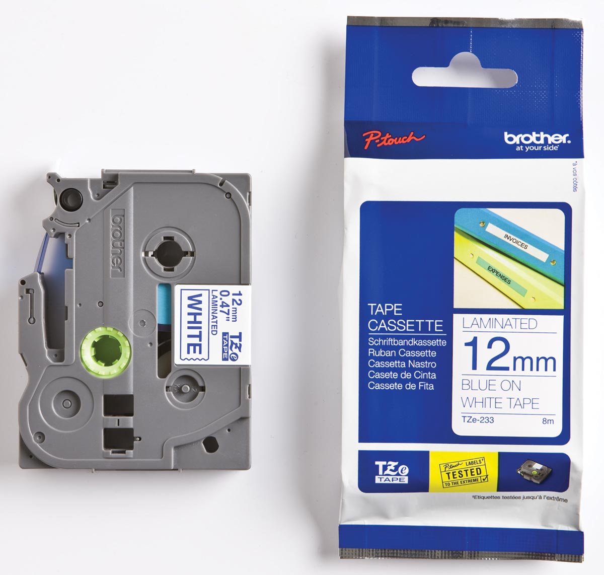 Brother TZe tape voor P-Touch 12 mm, blauw op wit afbeelding