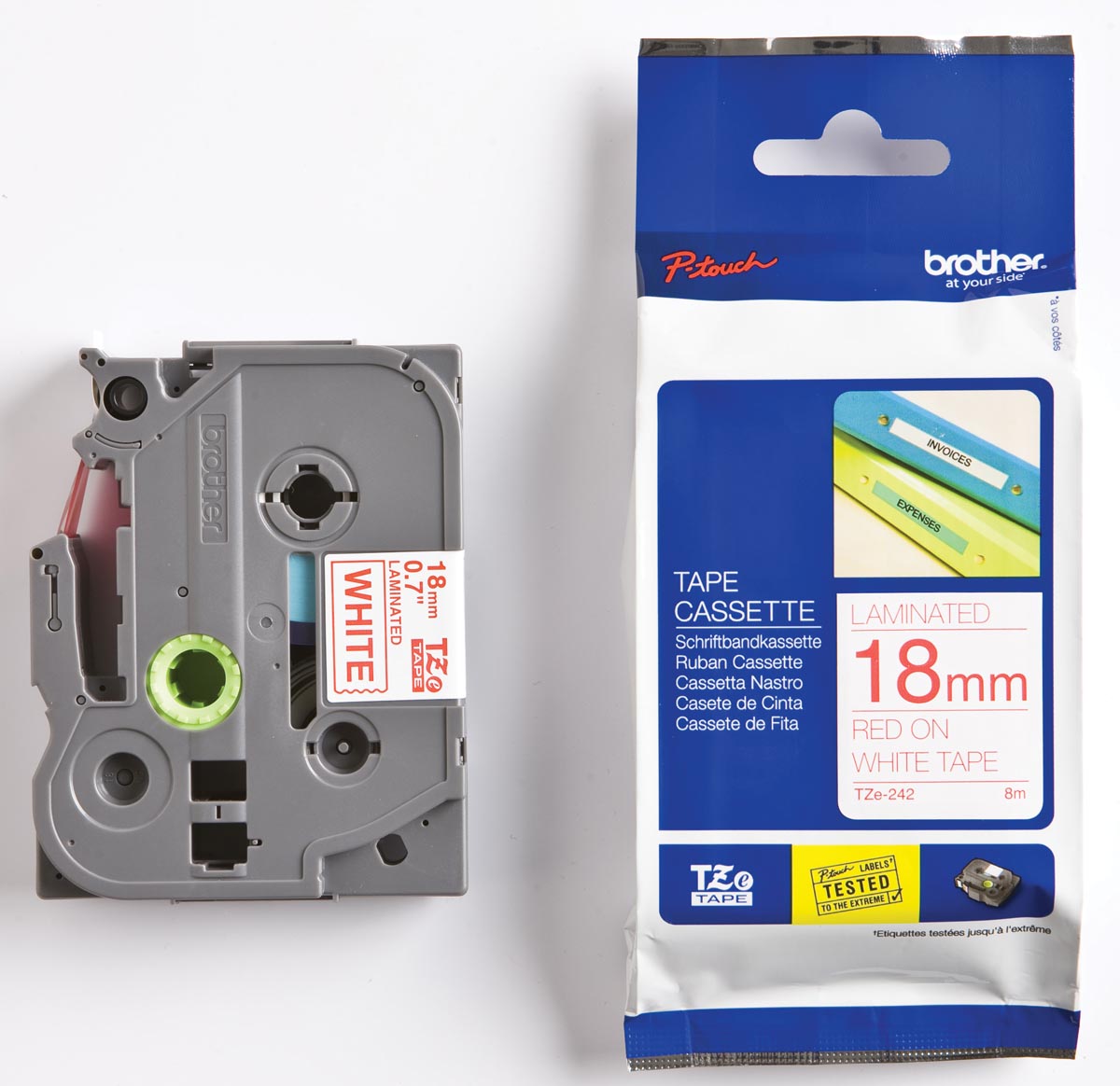 Brother TZe tape voor P-Touch 18 mm, rood op wit
