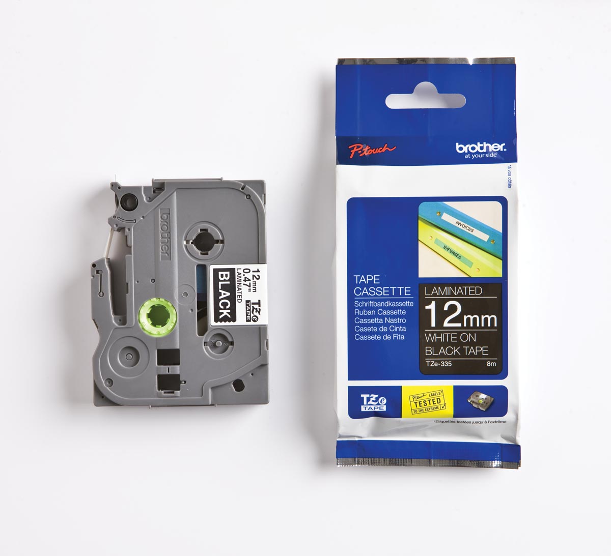 Brother TZe tape voor P-Touch 12 mm, wit op zwart afbeelding