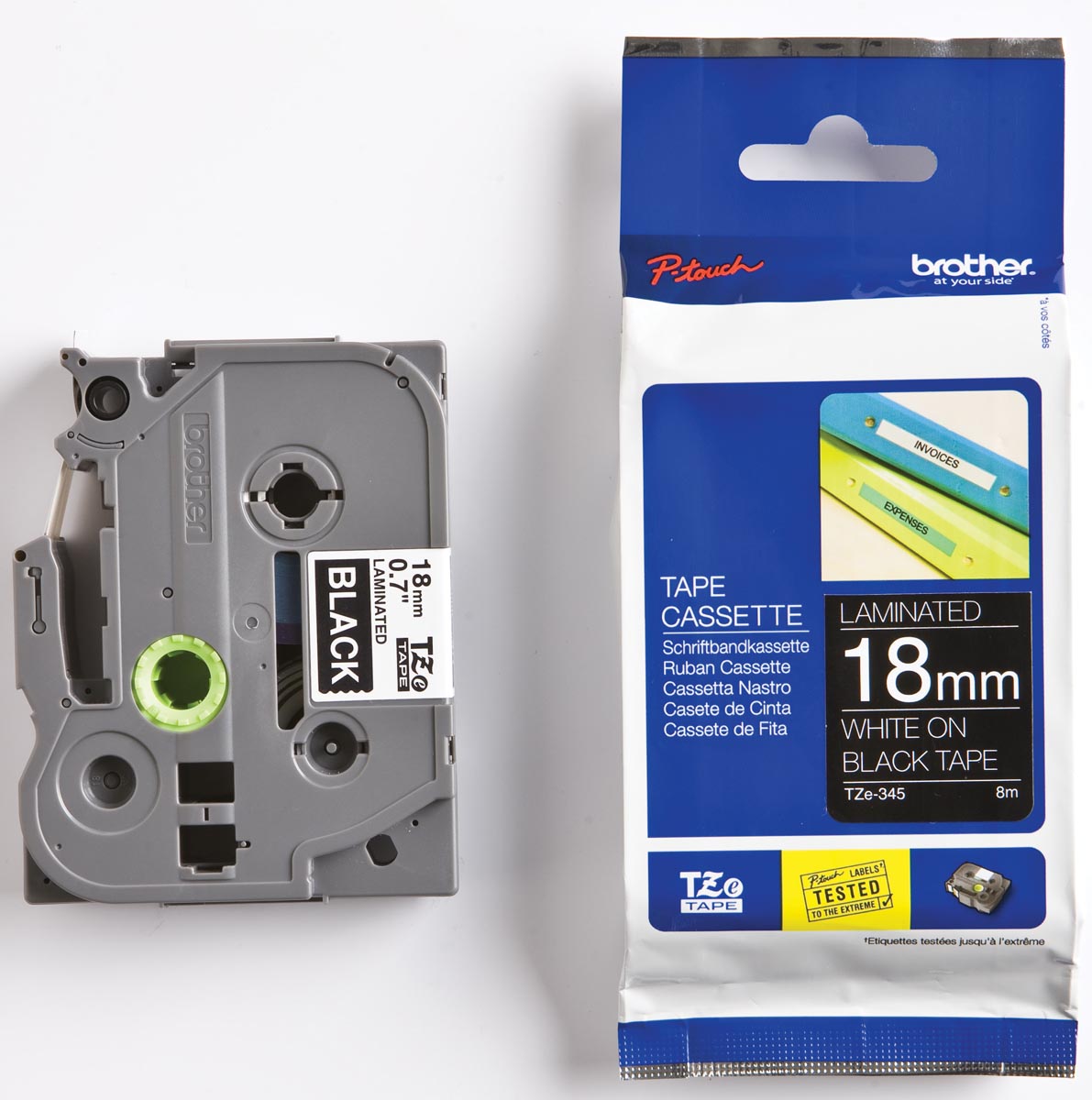 Brother TZe tape voor P-Touch 18 mm, wit op zwart afbeelding