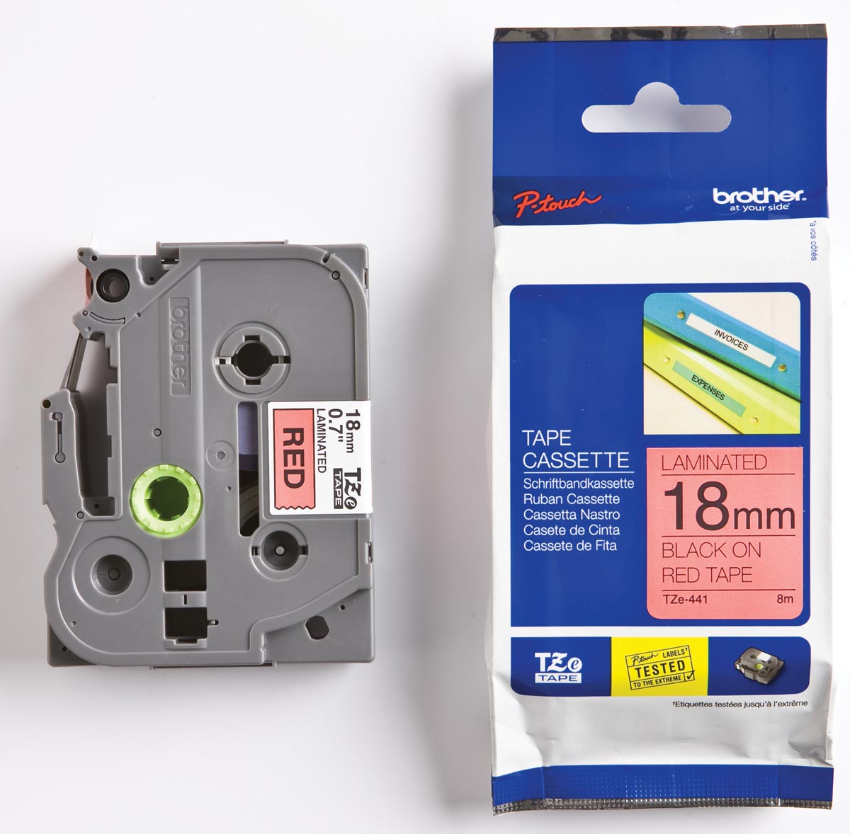 Brother TZe tape voor P-Touch 18 mm, zwart op rood afbeelding