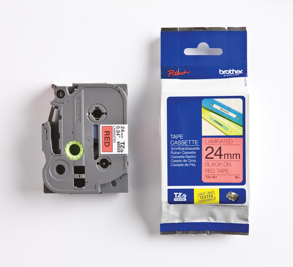 Brother TZe tape voor P-Touch 24 mm, zwart op rood afbeelding