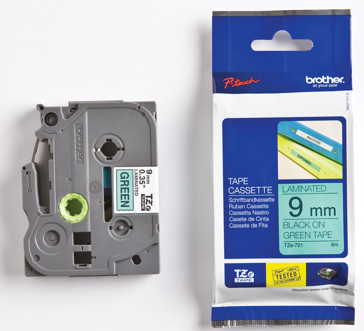 Brother TZe tape voor P-Touch 9 mm, zwart op groen Brother TZe tape voor P-Touch 9 mm, zwart op groen