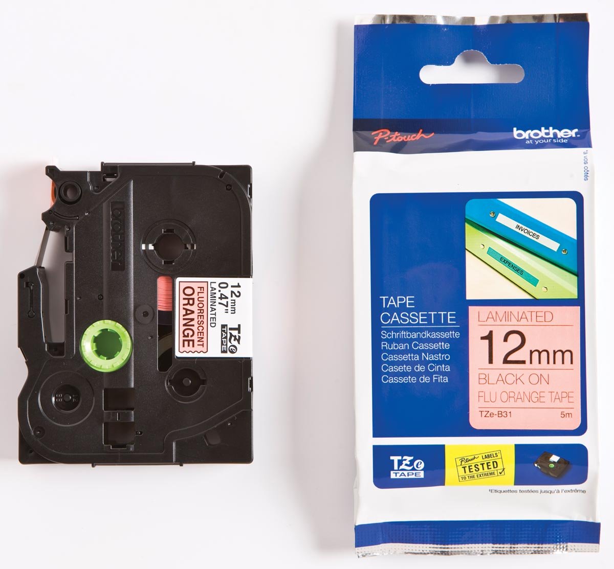 Brother TZe tape voor P-Touch 12 mm, zwart op fluo oranje