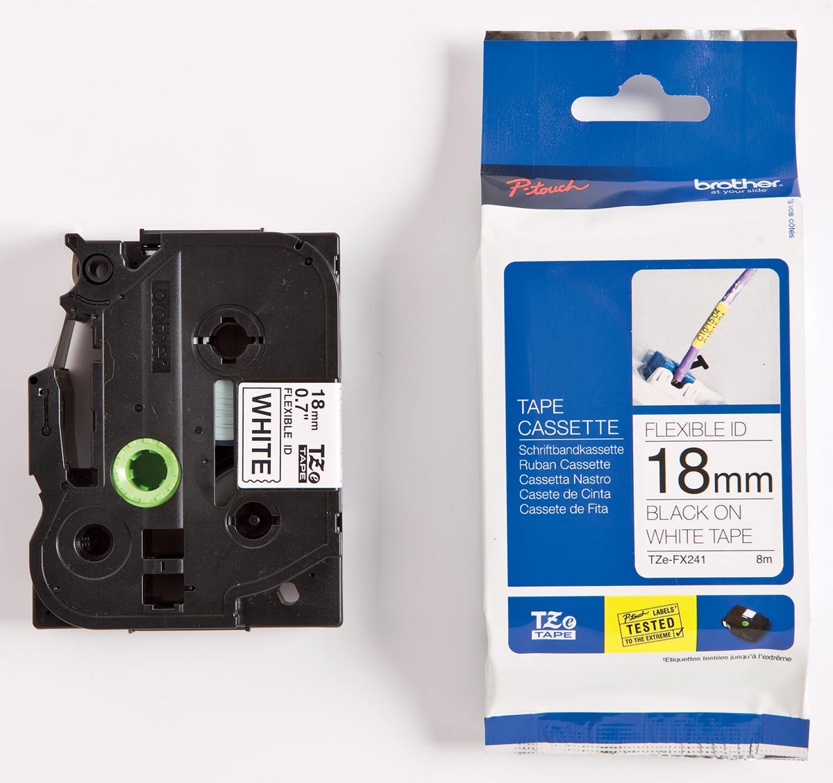 Brother TZe flexibele gelamineerde tape voor P-Touch 18 mm, zwart op wit afbeelding