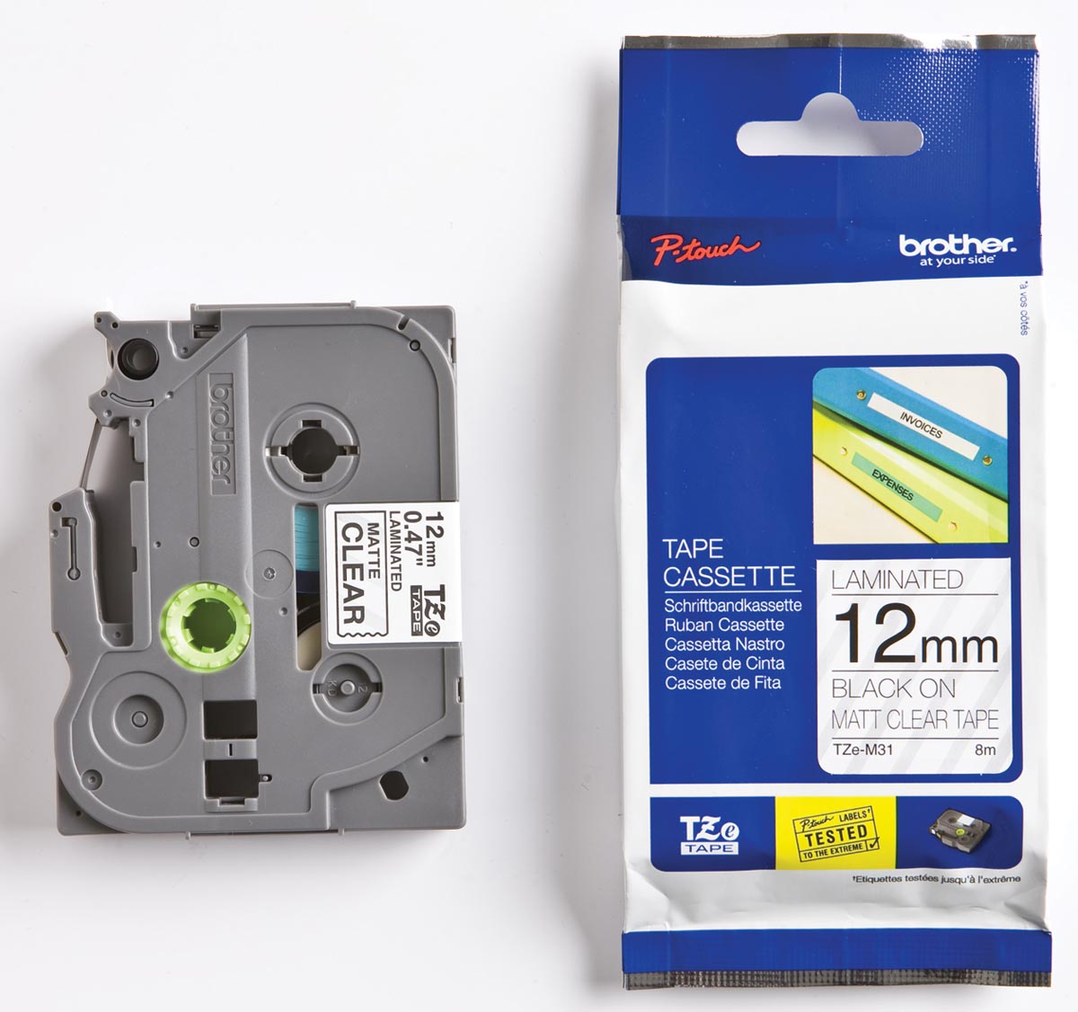 Brother TZe tape voor P-Touch 12 mm, zwart op transparant, mat