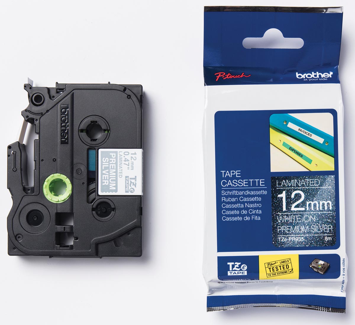 Brother TZe tape voor P-Touch 12 mm, wit op zilver