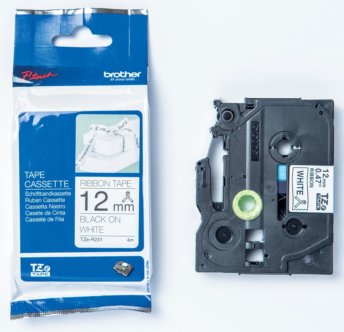 Brother TZe stoffen lint voor P-Touch 12 mm, zwart op wit afbeelding