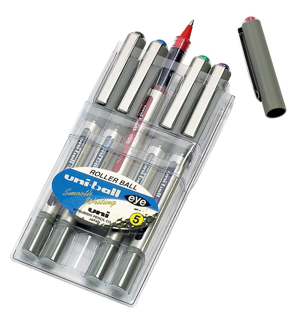 Uni-ball roller Eye Fine en Micro Fine, schrijfbreedte 0,5 mm, punt 0,7 mm, etui van 5 stuks: blauw, Uni-ball roller Eye Fine en Micro Fine, schrijfbreedte 0,5 mm, punt 0,7 mm, etui van 5 stuks: blauw,