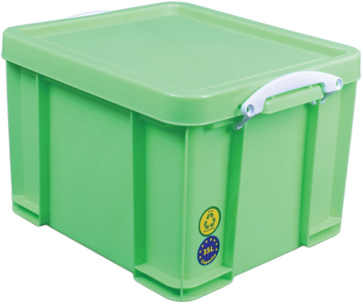 Really Useful Box opbergdoos 35 liter, neongroen met witte handvaten afbeelding