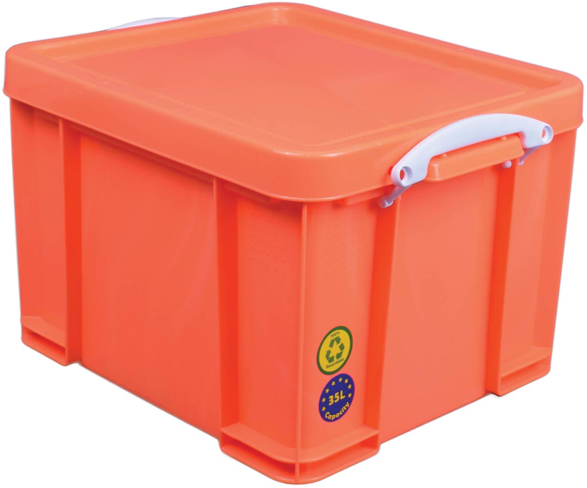 Really Useful Box opbergdoos 35 liter, neonoranje met witte handvaten afbeelding