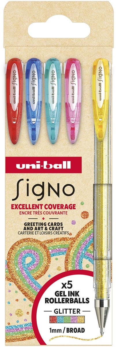 Uni-ball roller Signo Glitter, brede punt, geassorteerde kleuren, etui van 5 stuks