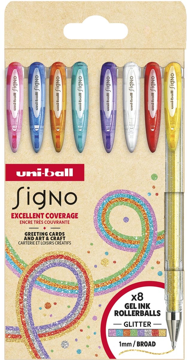 Uni-ball roller Signo Glitter, pointe large, geassorteerde kleuren, etui van 8 stuks