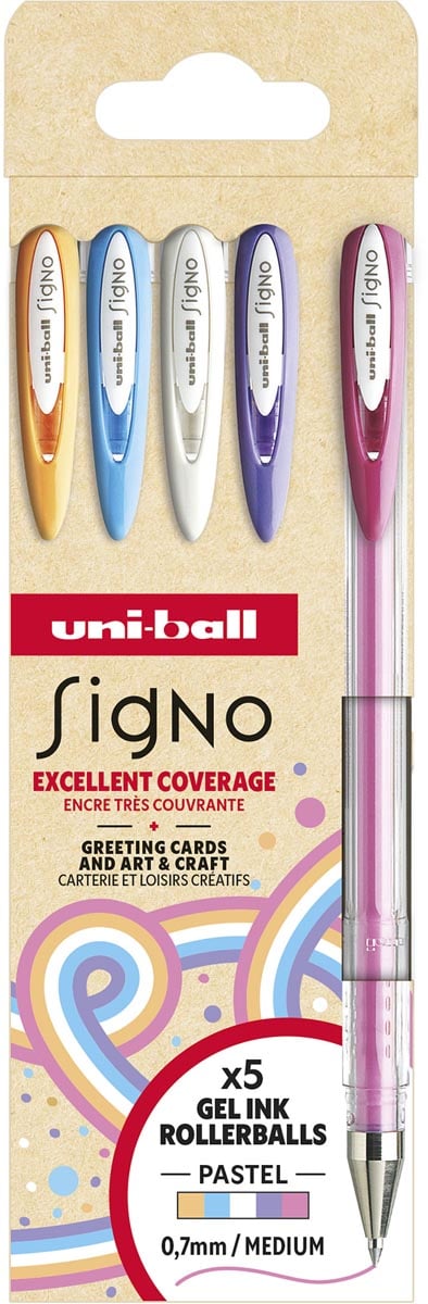 Uni-ball roller Signo Pastel, medium punt, geassorteerde kleuren, etui van 5 stuks