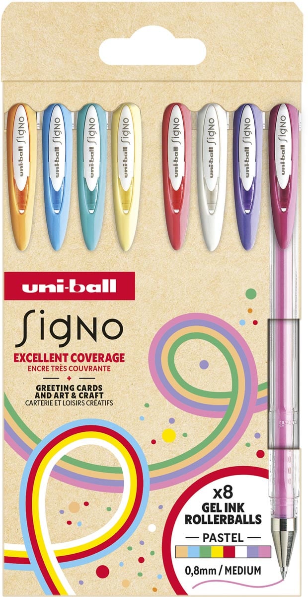 Uni-ball roller Signo Pastel, medium punt, geassorteerde kleuren, etui van 8 stuks