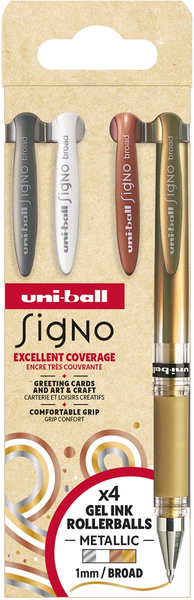 Uni-ball roller Signo Broad Creative, brede punt, etui van 4 stuks zilver, wit, brons, goud