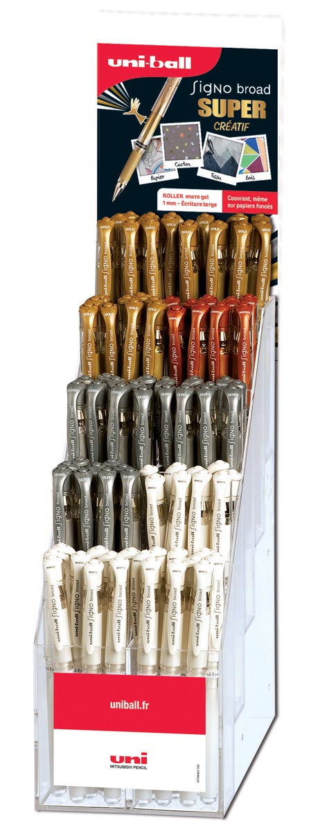 Uni-ball roller Signo Broad, display van 120 stuks in geassorteerde kleuren (goud, zilver, wit, brons)