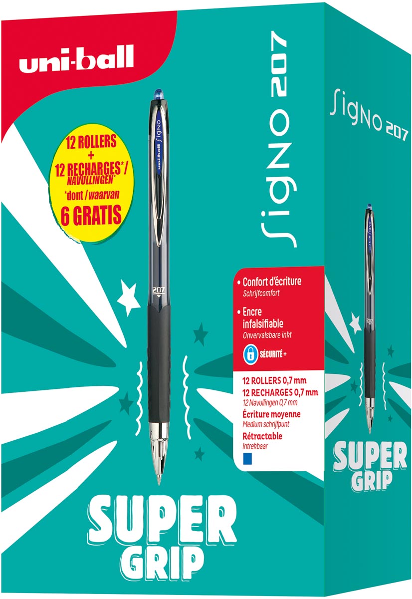Uni-ball intrekbare roller Signo RT207 + vulling (6 + 6 gratis), blauw