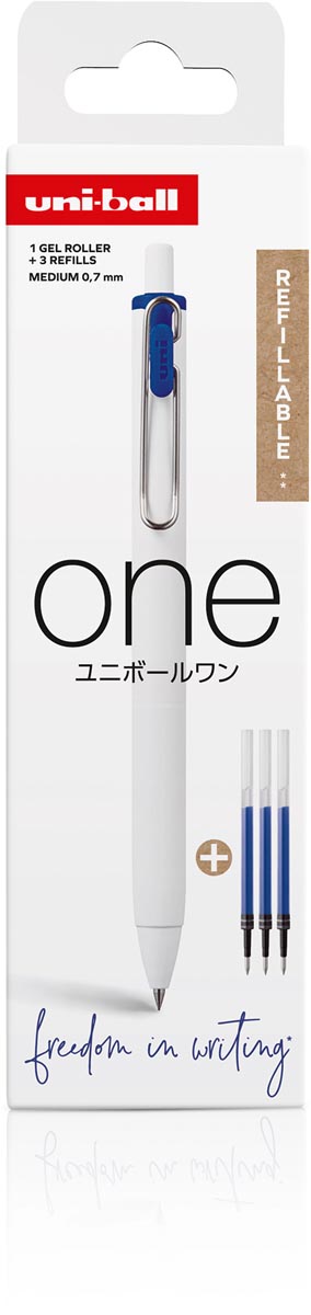 Uni-Ball One - hervulbare gelpennen  - 1 gelroller + 3 vullingen - medium 0,7 mm - blauw