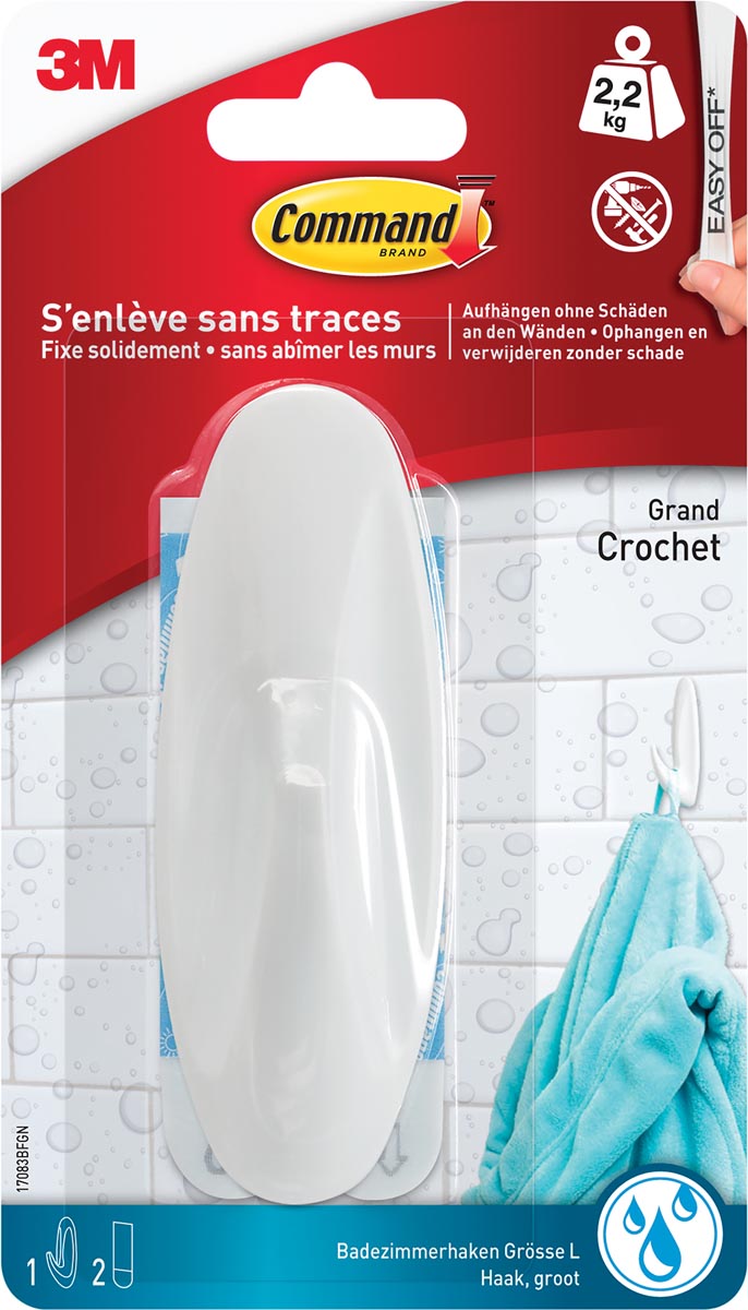 Command decoratieve haak voor de badkamer, blister met 1 haak en 2 grote strips