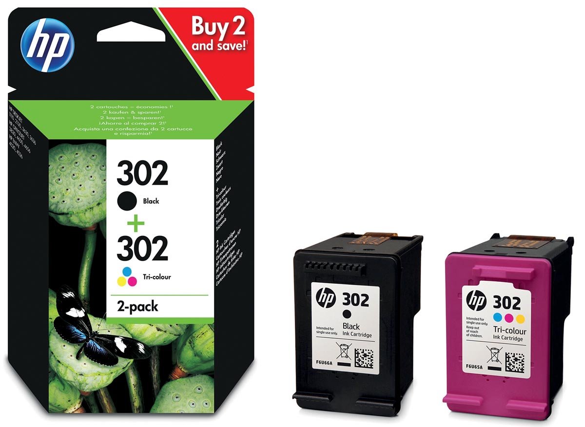 HP inktcartridge 302, 165 - 190 pagina&apos;s, OEM X4D37AE, 1 x zwart en 1 x 3 kleuren afbeelding