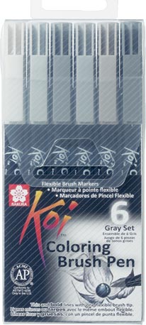 Sakura Koi brushpen Coloring Brush Pen, etui van 6 stuks in geassorteerde grijstinten