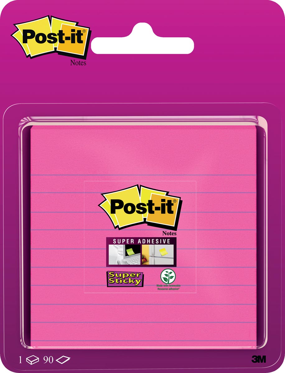 Post-it Super Sticky Notes, ft 101 x 101 mm, gelijnd, roze, blister van 90 vel