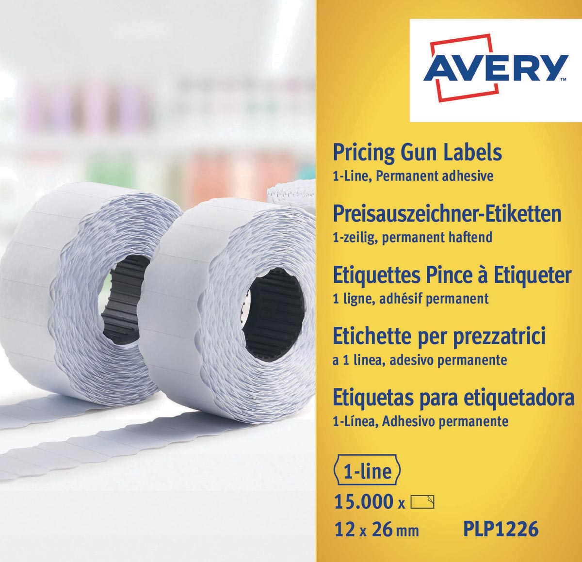 Avery YPLP1226 etiketten voor prijstang permanent, ft 12 x 26 mm, 15 000 etiketten, geel afbeelding